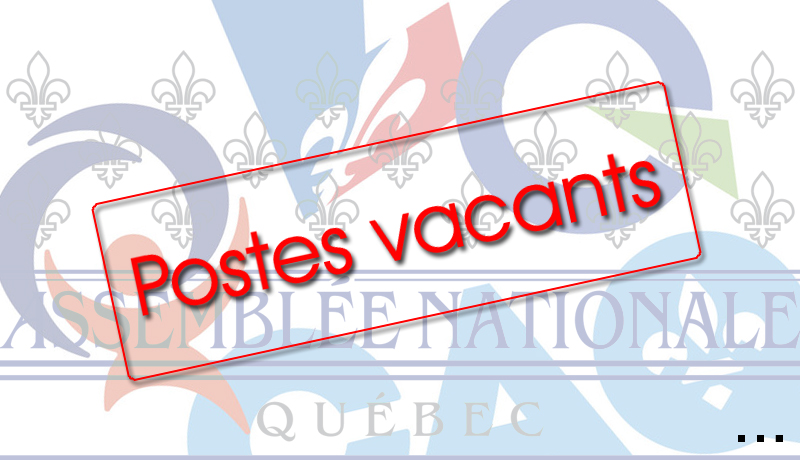 Postes vacants, les 4 principaux logos politiques 2018 et fond image Assemblée Nationale Québec.