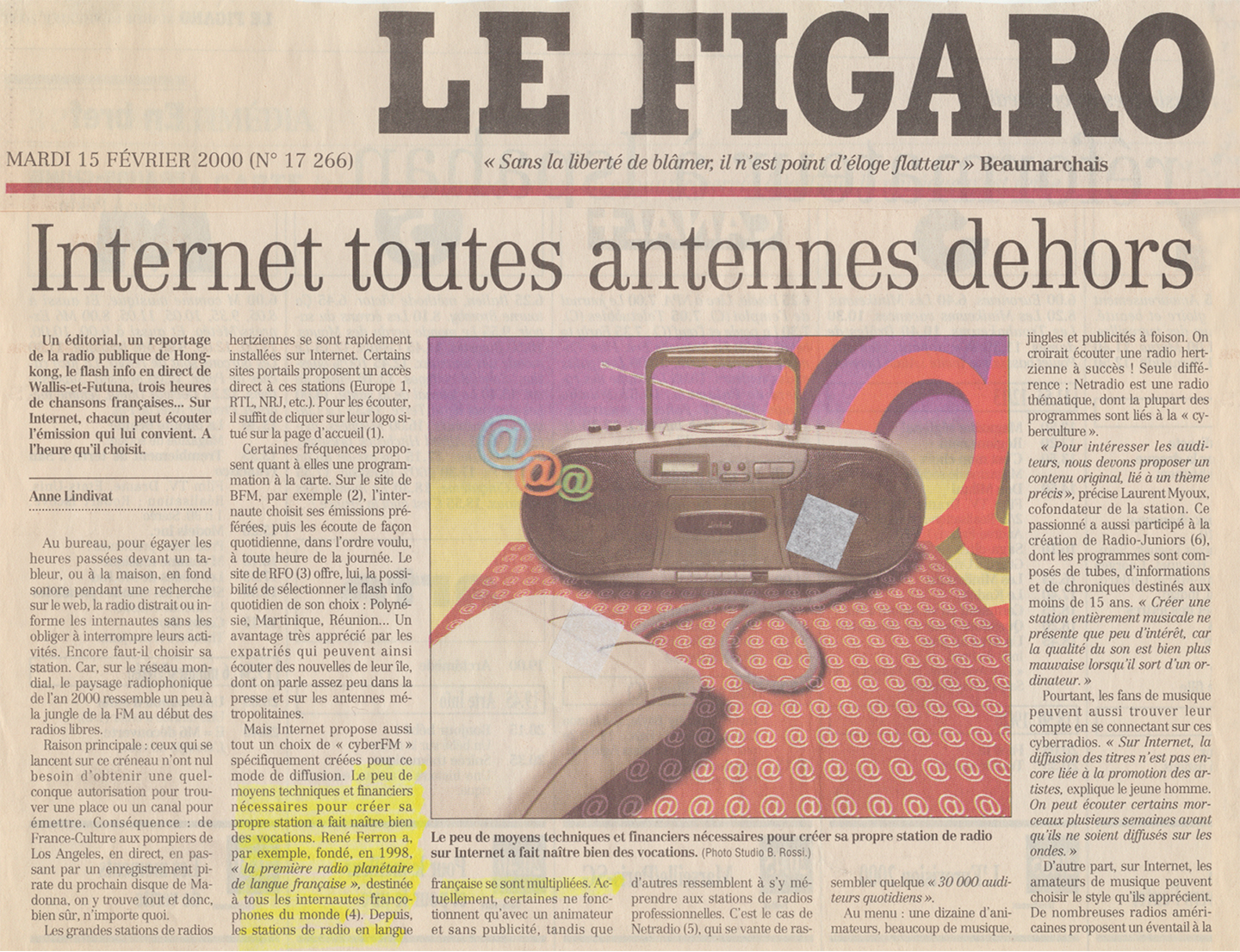Le Figaro du 15 février 2000. On parle de Radio Monde.